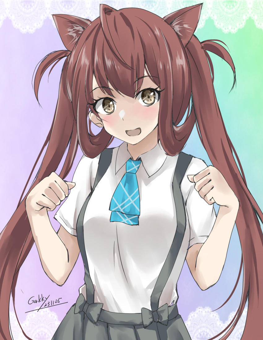 1girl animal_ears artist_name asagumo_(kancolle) ascot blue_ascot brown_eyes brown_hair cat_ears collared_shirt dated dress_shirt gakky grey_skirt hands_up highres kantai_collection long_hair one-hour_drawing_challenge open_mouth paw_pose plaid_ascot pleated_skirt shirt skirt solo twintails upper_body white_shirt