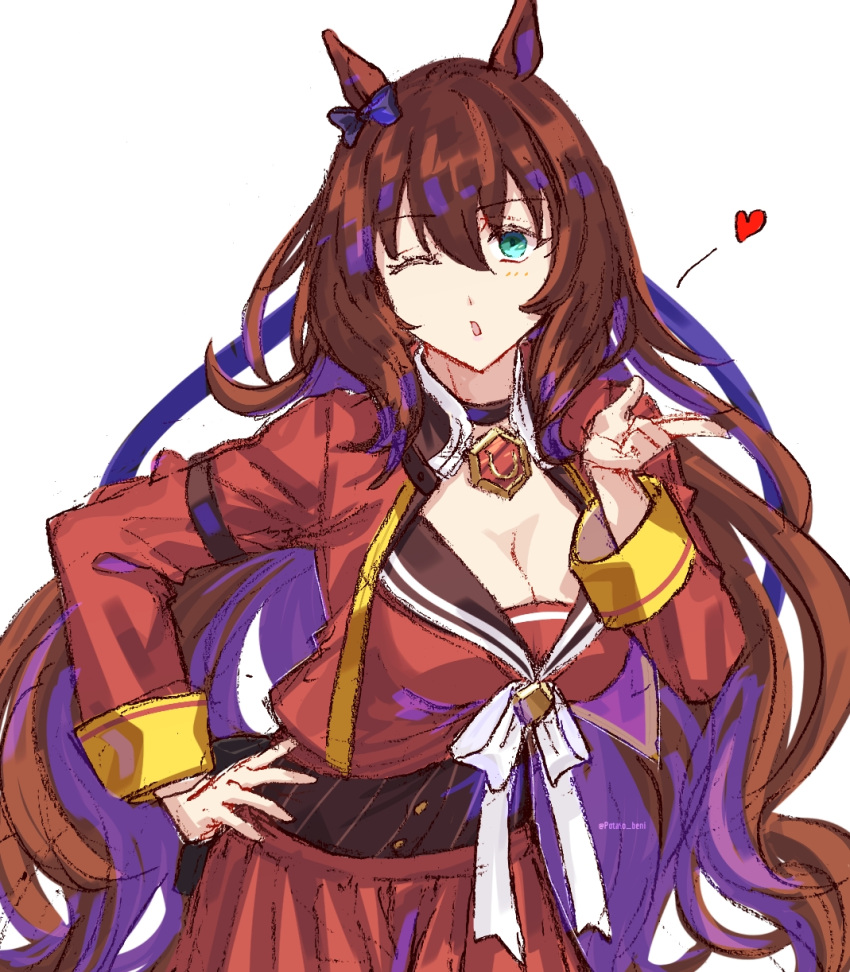 1girl animal_ears aqua_eyes blowing_kiss bow breasts brown_hair cleavage commentary_request cropped_jacket ear_bow hair_between_eyes hand_on_own_hip heart highres horse_ears horse_girl jacket jagaimobeniko large_breasts long_sleeves looking_at_viewer maruzensky_(umamusume) one_eye_closed pendant_choker pleated_skirt purple_bow red_jacket red_serafuku red_skirt school_uniform serafuku simple_background skirt solo umamusume upper_body white_background white_bow