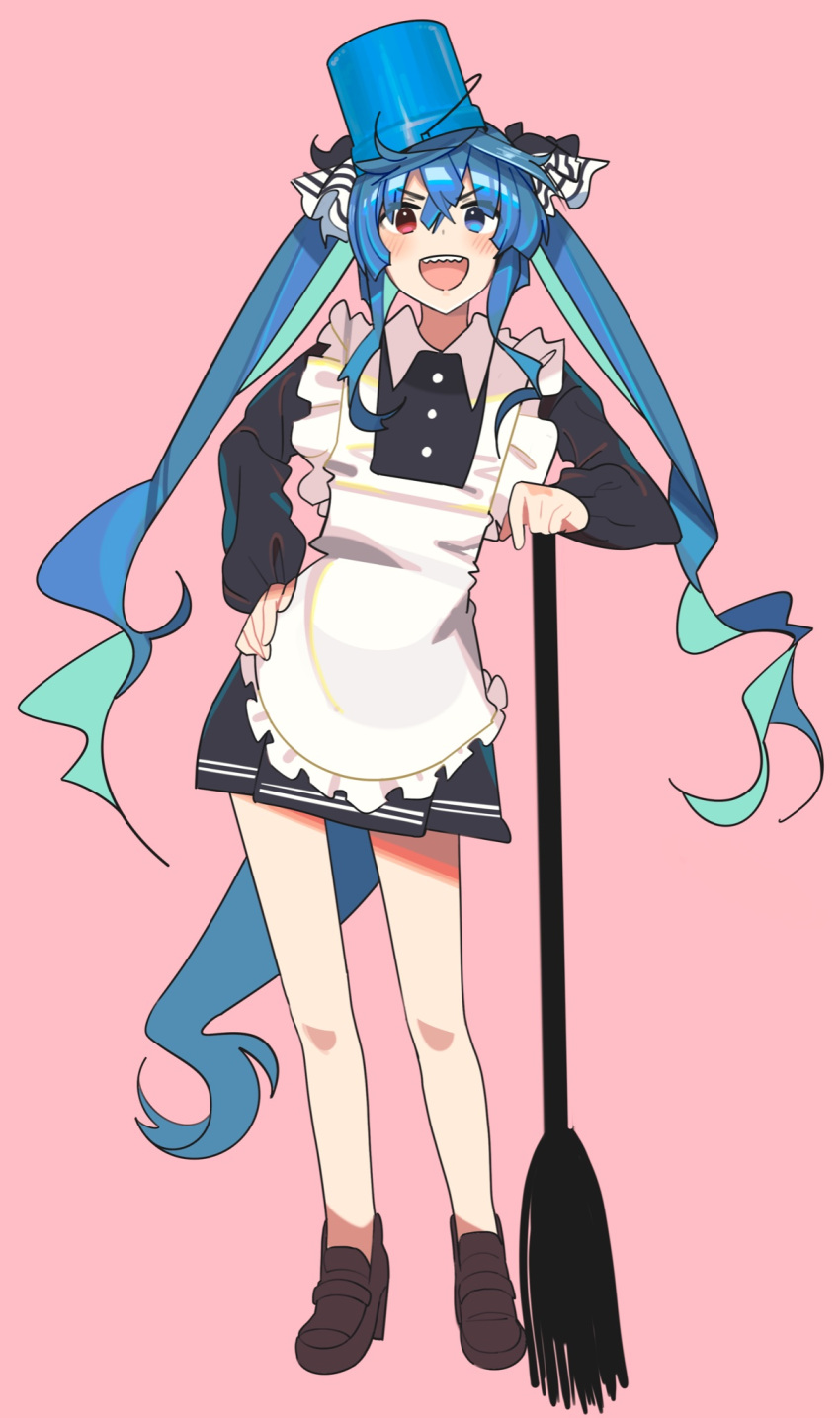 1girl alternate_costume apron ashinowoto black_dress blue_eyes blue_hair blush bow broom brown_footwear bucket bucket_on_head collared_dress crossed_bangs dress full_body hair_between_eyes hair_bow hand_on_own_hip heterochromia highres long_hair long_sleeves looking_at_viewer maid_apron object_on_head pink_background red_eyes shoes short_dress simple_background solo standing teeth twin_turbo_(umamusume) twintails umamusume upper_teeth_only v-shaped_eyebrows