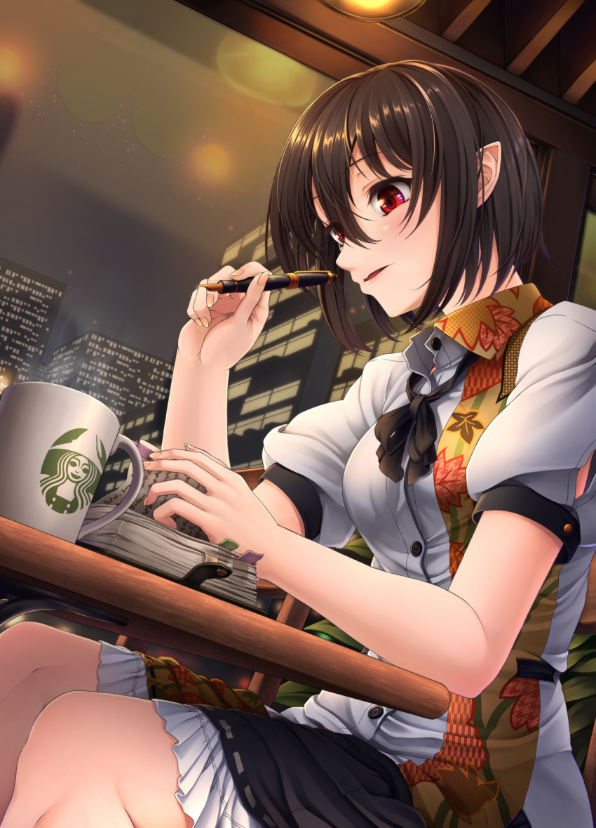 1girl black_hair black_skirt collared_shirt comiket_101 commentary_request cup frilled_skirt frills highres holding holding_pen indoors looking_at_viewer mug no_headwear nuppa parted_lips pen pointy_ears red_eyes shameimaru_aya shirt short_hair short_sleeves sitting skirt solo starbucks touhou white_shirt