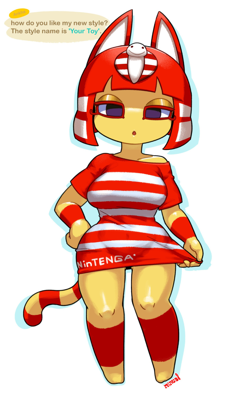 2023 absurd_res animal_crossing ankha_(animal_crossing) anthro armband bangs blunt_bangs bob_cut clothing egyptian english_text felid feline female hair hi_res looking_at_viewer mammal minus8 nintendo pattern_clothing red_armband red_hair solo solo_focus striped_clothing stripes tagme tenga text