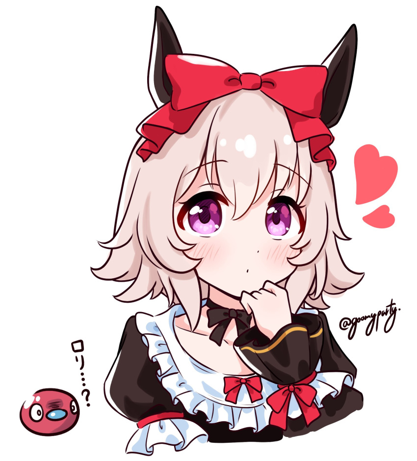 1girl animal_ears black_bow black_choker black_dress blush bow choker closed_mouth collarbone cropped_torso crossover curren_chan_(umamusume) dress goom_(goomyparty) hair_between_eyes hair_bow heart highres horse_ears light_brown_hair long_sleeves pokemon pokemon_(creature) porygon2 puffy_long_sleeves puffy_sleeves purple_eyes red_bow simple_background translation_request twitter_username umamusume upper_body white_background