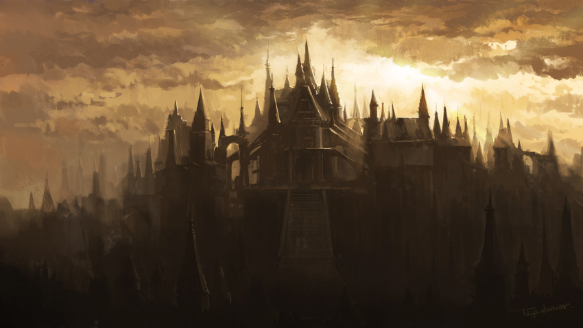 anor_londo artist_name building cloud dark_souls_(series) dark_souls_i day highres no_humans outdoors scenery stairs sun tripdancer