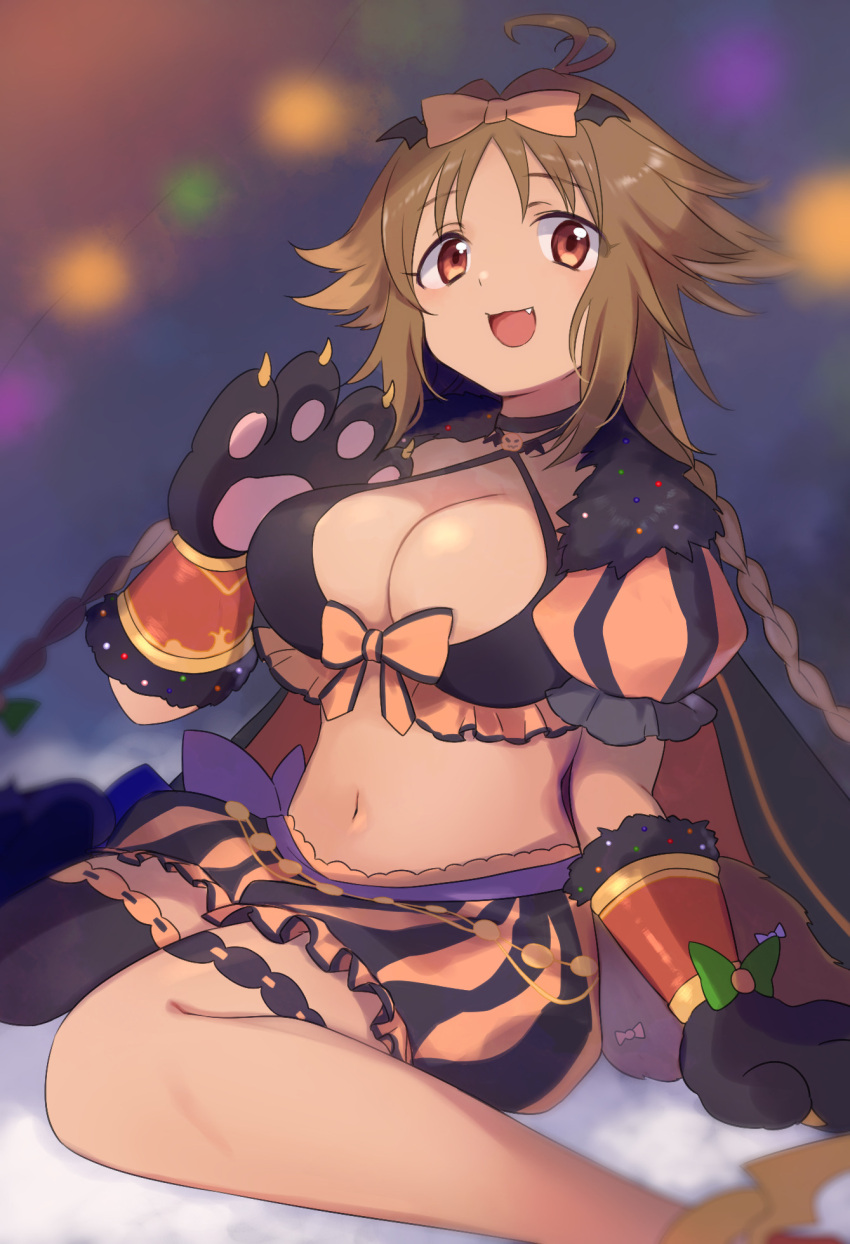 1girl :d animal_hands antenna_hair black_gloves black_thighhighs blurry blurry_background bow breasts brown_eyes brown_hair cleavage dark-skinned_female dark_skin depth_of_field fang gloves gucchiann hair_bow highres kaori_(princess_connect!) large_breasts looking_at_viewer navel orange_bow paw_gloves princess_connect! puffy_short_sleeves puffy_sleeves short_sleeves single_thighhigh sitting skirt smile solo striped striped_skirt thighhighs vertical-striped_skirt vertical_stripes wariza