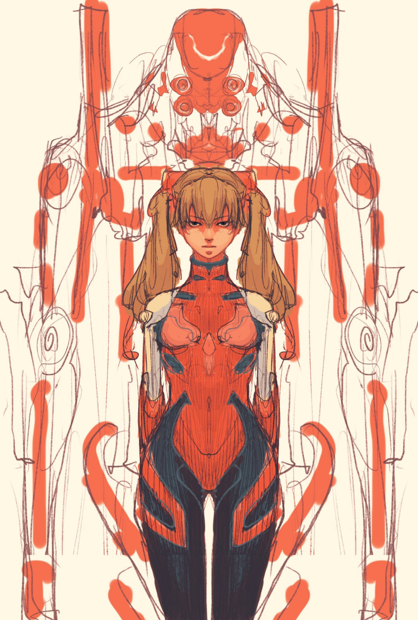 1girl black_eyes bodysuit closed_mouth highres interface_headset looking_at_viewer neon_genesis_evangelion orange_hair plugsuit red_bodysuit souryuu_asuka_langley standing twintails v-shaped_eyebrows yamanakatomoro