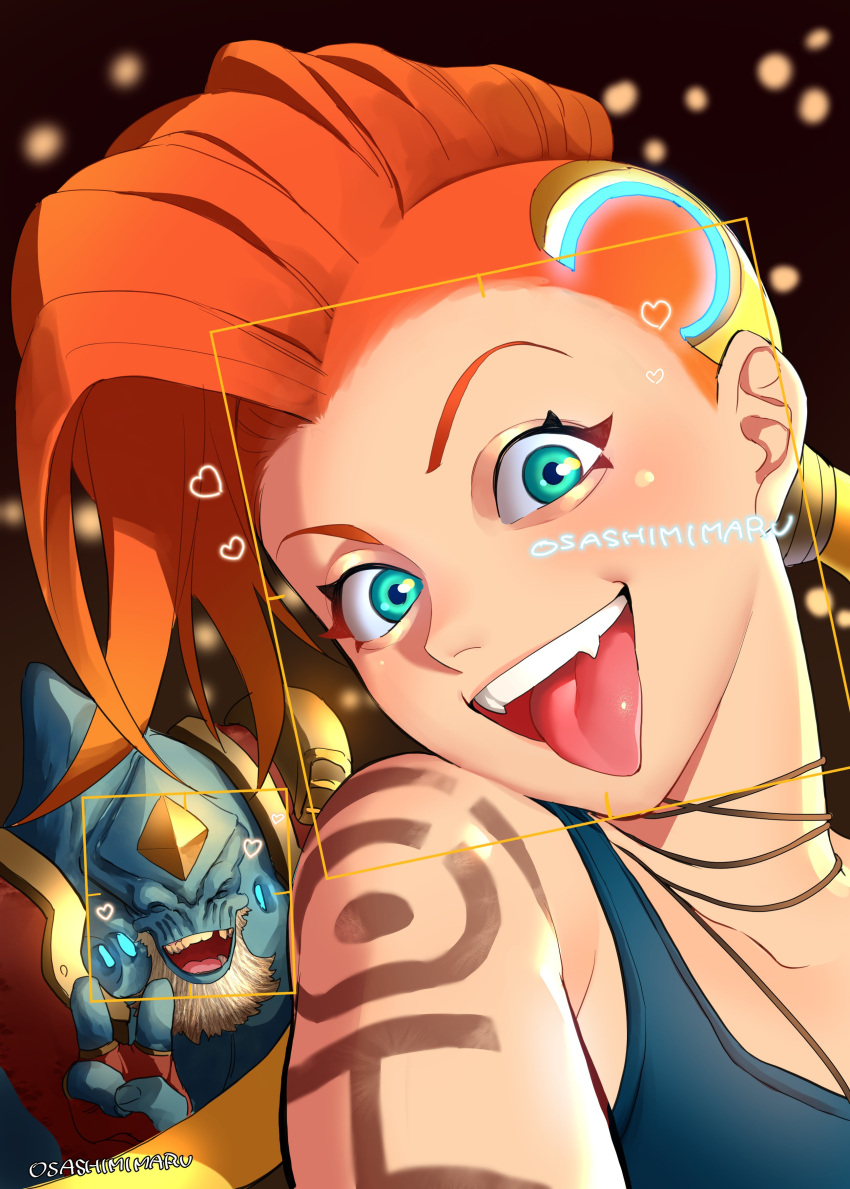 1boy 1girl absurdres arm_tattoo artist_name beard brown_background collarbone colored_skin facial_hair fangs fingerless_gloves gem gloves gradient_background green_eyes green_shirt green_skin heart highres jewelry jinx_(league_of_legends) league_of_legends long_hair malphite necklace odyssey_jinx odyssey_malphite official_alternate_costume orange_hair portrait red_gloves shirt shoulder_tattoo solo_focus tattoo teeth tongue tongue_out upper_teeth_only v wosashimi