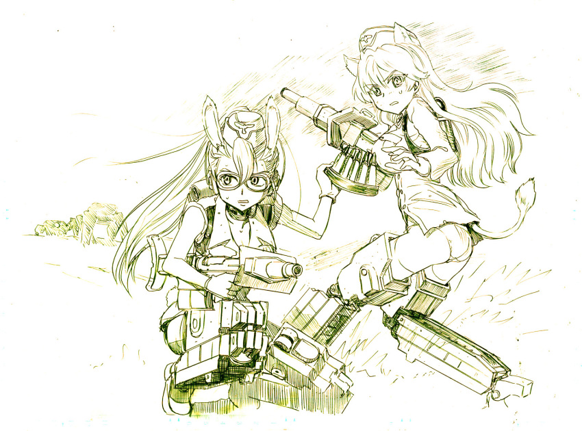 2girls animal_ears antonina_kruschinski backpack bag breasts clip_(weapon) extra_ears from_side garrison_cap goggles hannelore_kummel harness hat headphones highres holding holding_weapon implied_extra_ears kneeling large_breasts lion_ears lion_girl lion_tail long_hair looking_back mecha_musume mechanical_legs medium_breasts military_uniform monochrome multiple_girls neuroi no_pants nogami_takeshi official_art on_one_knee panties ponytail rabbit_ears rabbit_girl rabbit_tail single_bang sleeves_rolled_up strike_witches_(lionheart_witch) tail underwear uniform wavy_hair weapon white_panties world_witches_series