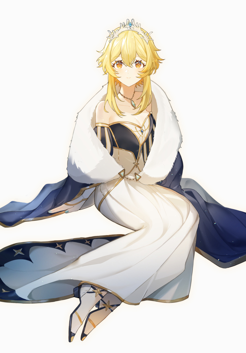 1girl bare_shoulders blonde_hair blue_gemstone blue_nails blue_robe breasts cleavage crossed_bangs detached_sleeves dress full_body gem genshin_impact highres jewelry light_smile long_sleeves looking_at_viewer lumine_(genshin_impact) medium_breasts princess puffy_long_sleeves puffy_sleeves robe royal_robe short_hair_with_long_locks sidelocks simple_background sitting solo strapless strapless_dress tiara two-tone_dress vertical-striped_sleeves white_background white_dress white_footwear yan_er10 yellow_eyes yokozuwari