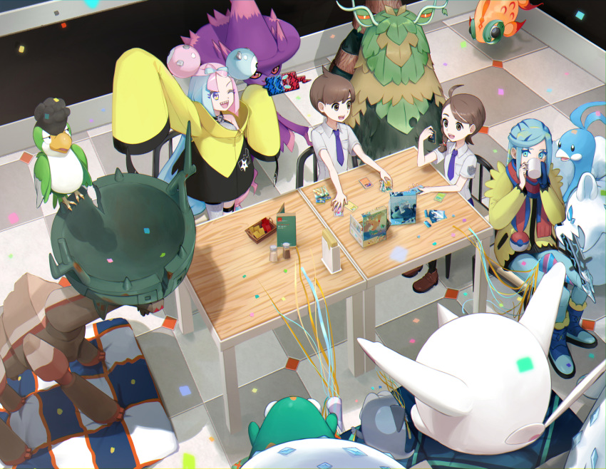 2boys 2girls ;d ahoge altaria bellibolt breast_pocket brown_footwear brown_hair card cetoddle chair checkered_floor chi-yu_(pokemon) chien-pao collared_shirt commentary_request confetti cowlick florian_(pokemon) grusha_(pokemon) highres iono_(pokemon) jacket juliana_(pokemon) long_hair mismagius multiple_boys multiple_girls necktie one_eye_closed open_mouth pink_hair pocket pokemon pokemon_(creature) pokemon_(game) pokemon_sv rotom rotom_phone shirt shoes short_hair short_sleeves sitting smile squawkabilly table ting-lu_(pokemon) umi_usagi_(srusumi23) yellow_jacket