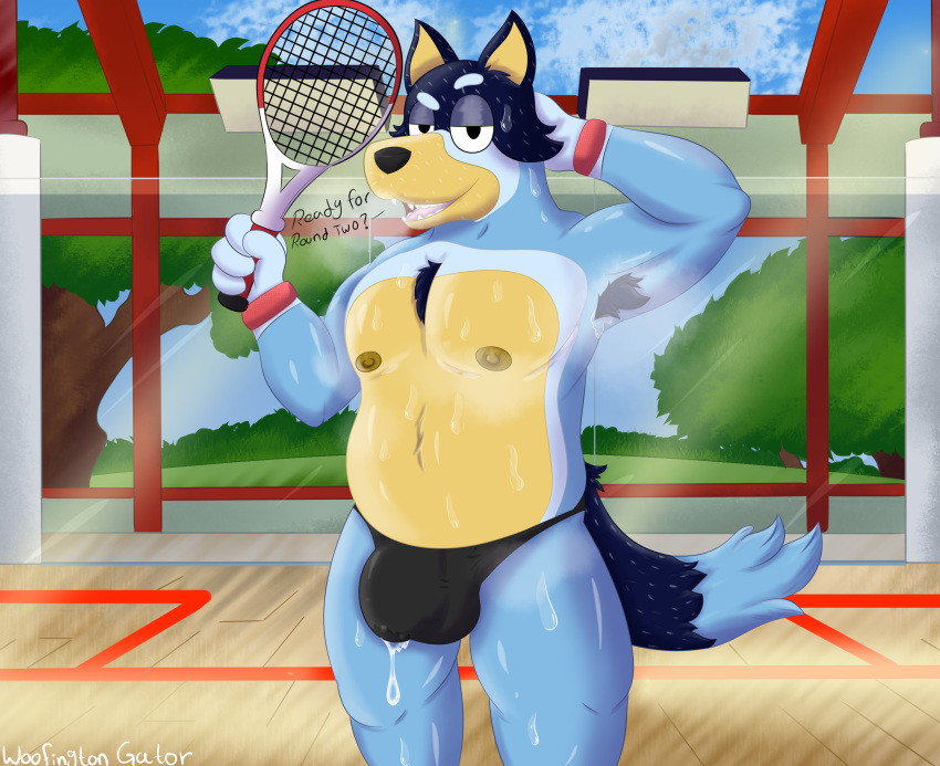 anthro armpit_hair australian_cattle_dog balls bandit_heeler blue_body blue_fur bluey_(series) bodily_fluids body_hair bulge canid canine canis cattledog clothed clothing cum detailed_background digital_media_(artwork) domestic_dog english_text erection fur genital_fluids genitals german_shepherd hair half-closed_eyes herding_dog hi_res light looking_at_viewer male mammal muscular narrowed_eyes nipples open_mouth pastoral_dog plant seductive smile solo steam steamy_breath sunlight sweat sweaty_genitalia sweaty_legs sweaty_thighs tail tennis_court tennis_racket text tongue tree underwear wet wet_clothing white_hair woofington_gator yellow_body yellow_fur