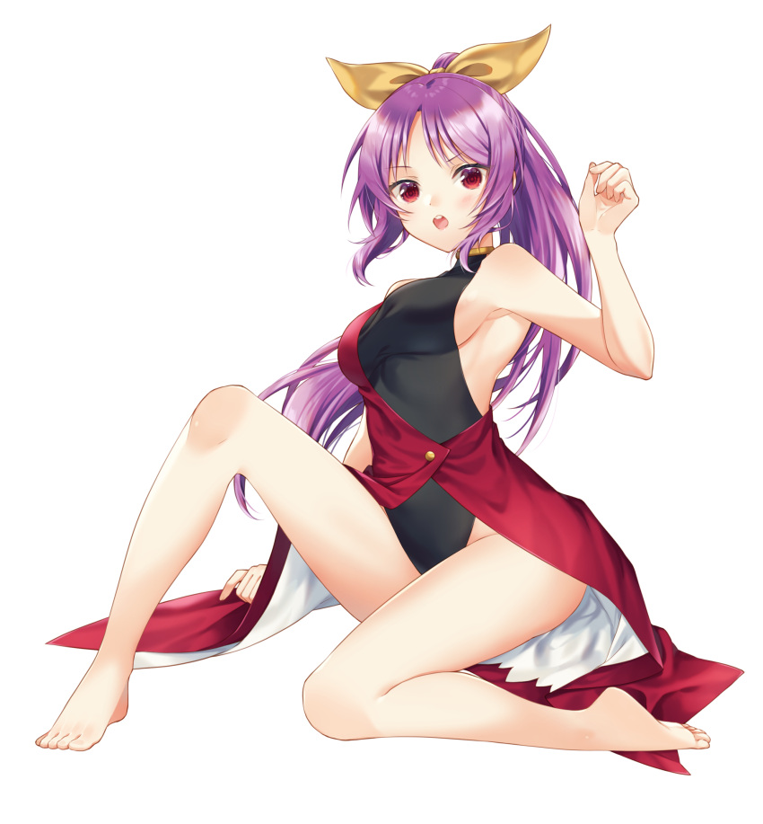 1girl :o bare_shoulders barefoot black_leotard blush bow breasts commentary_request commission dress full_body gold_trim hair_bow hand_up high_ponytail highres kirisita large_breasts leotard long_hair open_mouth pixiv_commission purple_hair red_dress red_eyes sideboob simple_background solo toes touhou very_long_hair watatsuki_no_yorihime white_background yellow_bow