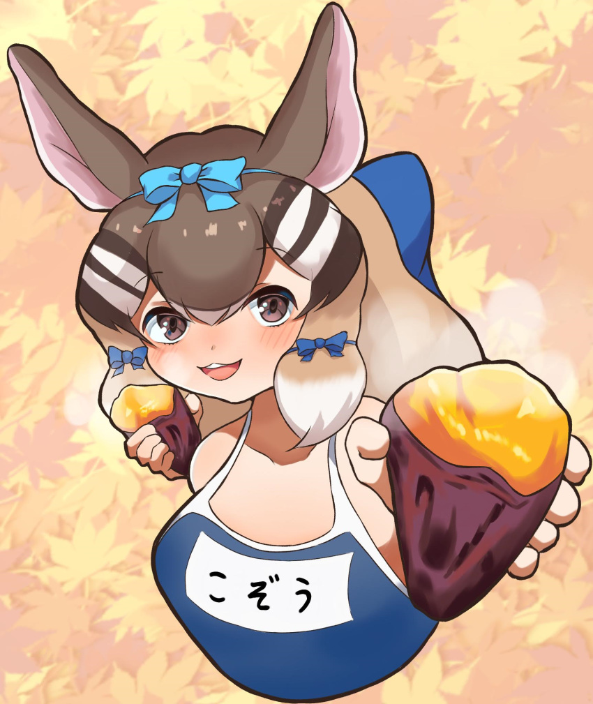 1girl animal_ears brown_eyes brown_hair chipmunk_ears chipmunk_girl extra_ears food highres kemono_friends kemono_friends_v_project leaf lepus looking_at_viewer maple_leaf multicolored_hair ribbon school_swimsuit short_hair siberian_chipmunk_(kemono_friends) simple_background solo sweet_potato swimsuit two-tone_hair virtual_youtuber white_hair