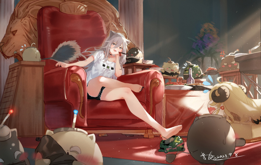 2girls animal_ears bare_legs barefoot black_choker black_nails black_shorts blonde_hair blush blush_stickers breasts choker dated fang feet full_body grey_eyes grey_hair hair_between_eyes head_rest highres hololive horns indoors kinoko_(shikimylove) legs lion_ears lion_girl lion_tail long_hair looking_at_another medium_breasts multiple_girls nail_polish off_shoulder open_mouth plant potted_plant sheep_girl sheep_horns shirt shishiro_botan shishiro_botan_(4th_costume) short_shorts short_sleeves shorts signature single_bare_shoulder sitting skin_fang soles ssrb_(shishiro_botan) stepped_on t-shirt tail thighs throne toenail_polish toenails toes torn_clothes torn_shorts tsunomaki_watame virtual_youtuber white_shirt