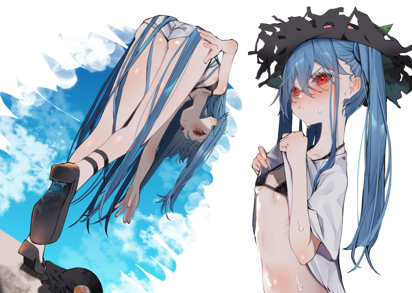 1girl absurdres bikini black_bikini black_footwear black_headwear blue_hair blush closed_mouth hair_between_eyes hat highres hinanawi_tenshi long_hair multiple_views navel red_eyes sandals shirt short_sleeves straw_hat sweat swimsuit touhou tsune_(tune) white_shirt