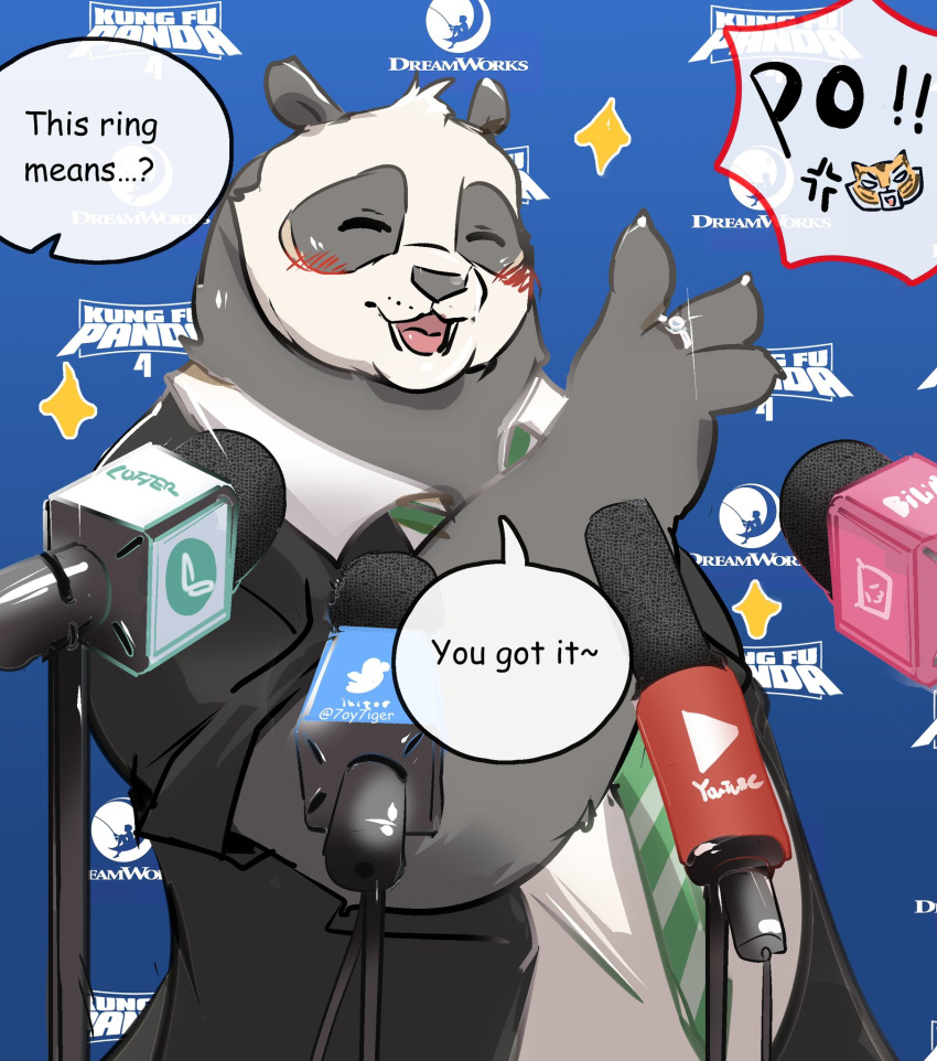 2023 7oy7iger anthro bear black_body black_fur black_nose blush claws clothed clothing cross-popping_vein dialogue digit_ring dreamworks english_text eyes_closed finger_claws finger_ring fingers fur giant_panda hi_res interview jewelry kung_fu_panda male mammal master_po_ping master_tigress microphone multicolored_body multicolored_fur offscreen_character open_mouth open_smile press_conference ring smile solo speech_bubble suit text two_tone_body two_tone_fur wedding_ring white_body white_fur yelling