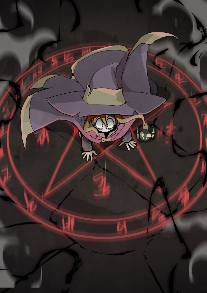 1girl absurdres bags_under_eyes brown_hair bug cloak crack cracked_floor hands_on_floor hat highres hongga magic_circle original pentagram smoke solo spider summoning wide-eyed witch witch_hat