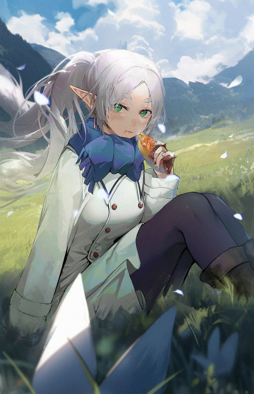 1girl black_pantyhose blue_scarf boots brown_footwear closed_mouth coat commentary_request drive_shot eating elf falling_petals floating_hair flower food frieren grasslands green_eyes highres holding holding_food knee_boots knees_up long_hair long_sleeves looking_at_viewer mountain on_grass outdoors pantyhose parted_bangs petals pointy_ears scarf short_eyebrows sitting solo sousou_no_frieren twintails white_coat white_flower white_hair