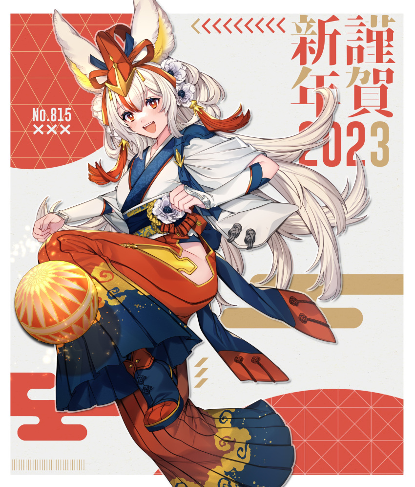 1girl 2023 :d absurdres animal_ears bright_pupils flower hair_flower hair_ornament hakama highres hip_vent japanese_clothes katagiri_hachigou kimono long_hair looking_at_viewer multicolored_hair orange_eyes orange_hair personification pokedex_number pokemon rabbit_ears rabbit_girl scorbunny smile solo streaked_hair tassel teeth two-tone_hair upper_teeth_only white_flower white_hair white_pupils