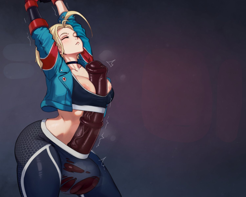 1girl ahoge animal_penis arms_up autopaizuri black_pants black_sports_bra blonde_hair blue_jacket breasts cammy_white choker closed_eyes closed_mouth collarbone commission cropped_jacket erection futanari glooz_art highres horse_penis huge_penis jacket large_breasts large_testicles masturbation nipples paizuri pants penis short_hair solo sports_bra street_fighter street_fighter_6 stretching testicles torn_clothes torn_pants veins veiny_penis