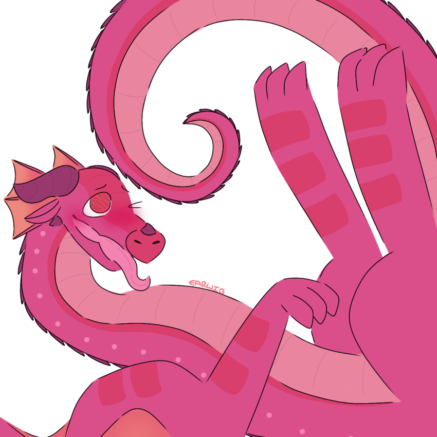 1:1 2023 anthro artist_name blush claws colored curled_tail digital_drawing_(artwork) digital_media_(artwork) dragon ears_down earwiggy english_text facial_horn feet feet_up fingers hi_res horn jambu_(wof) looking_at_another looking_pleasured lying male nose_horn on_back one_eye_closed open_mouth pink_body pink_scales pivoted_ears rainwing_(wof) scales scalie signature simple_background solo solo_focus solo_focused tail text tongue tongue_out white_background wings wings_of_fire wink