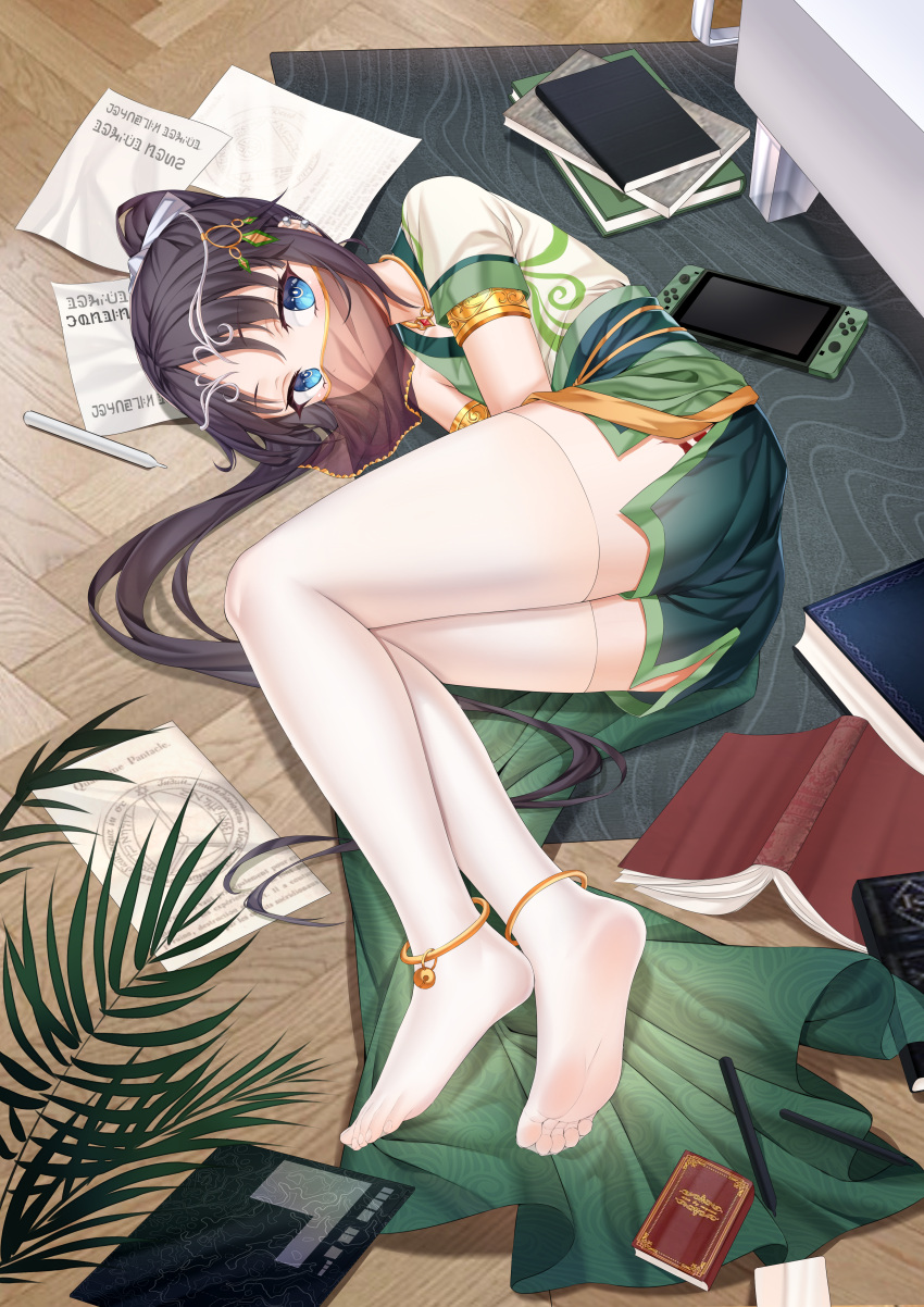 1boy absurdres anklet armlet black_hair blue_eyes blush chain commission ear_piercing feet full_body gold_chain highres jewelry legs lying mouth_veil neck_ring nintendo_switch no_shoes on_floor on_side original otoko_no_ko piercing soles solo thighhighs thighlet tiara toenails toes veil white_thighhighs xo_(xo17800108)