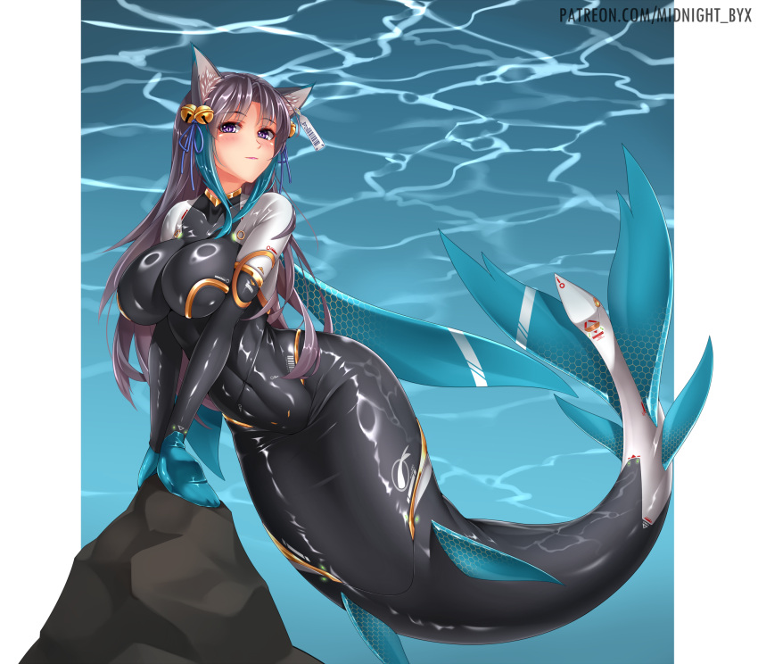 1girl animal_ears aqua_hair black_hair bodysuit breasts colored_bangs commission diving_suit flippers highres indie_virtual_youtuber large_breasts latex latex_bodysuit legbinder long_hair looking_at_viewer mermaid mermaid_costume midnight_(banyex) monofin monster_girl multicolored_hair pixiv_commission purple_eyes solo underwater virtual_youtuber wetsuit