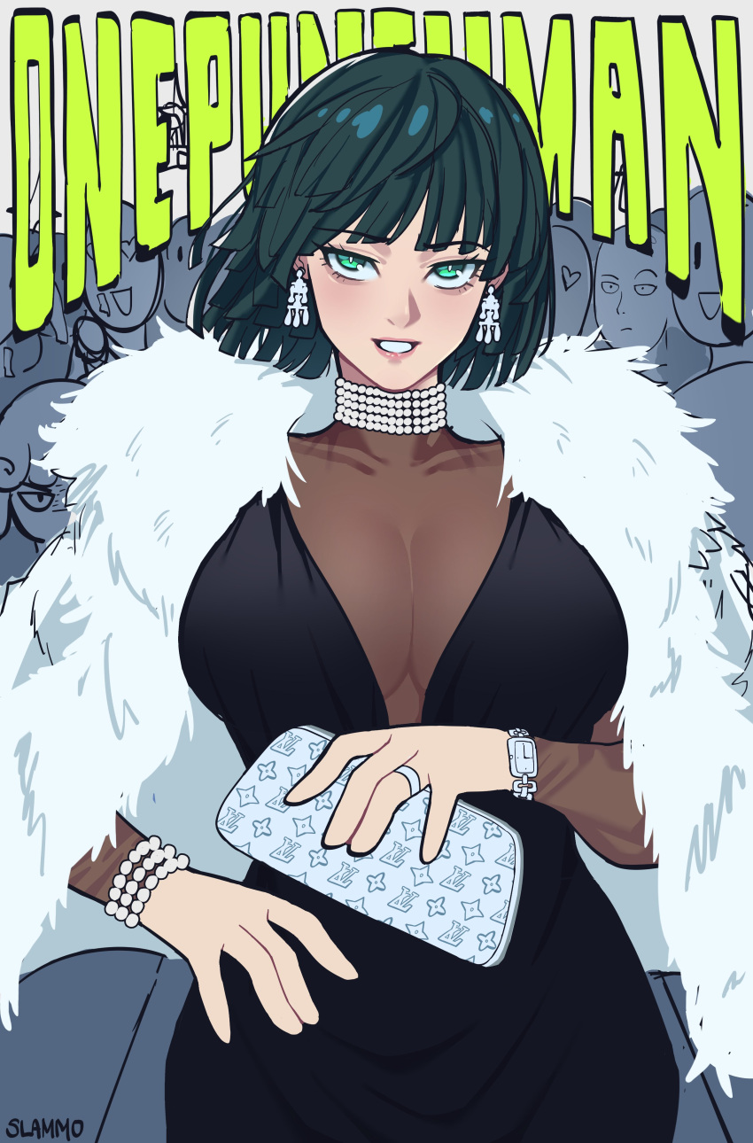 1boy 2girls absurdres black_dress blunt_bangs bob_cut bracelet breasts cleavage coin_purse crowd dark_green_hair dress earrings fubuki_(one-punch_man) fur_coat green_eyes hand_on_own_hip highres jewelry large_breasts multiple_girls one-punch_man pearl_bracelet people saitama_(one-punch_man) see-through see-through_dress short_hair slammo solo_focus tatsumaki watch wristwatch