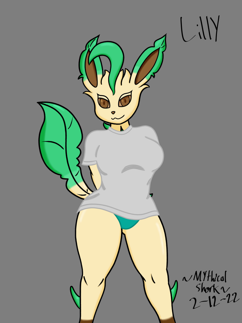 2022 absurd_res animal_humanoid anthro big_breasts breasts clothed clothing digital_media_(artwork) eeveelution female fur generation_4_pokemon hi_res humanoid leafeon lilly_(mythicalshork) looking_at_viewer mammal nintendo pokemon pokemon_(species) shaded signature simple_background smile solo tail text