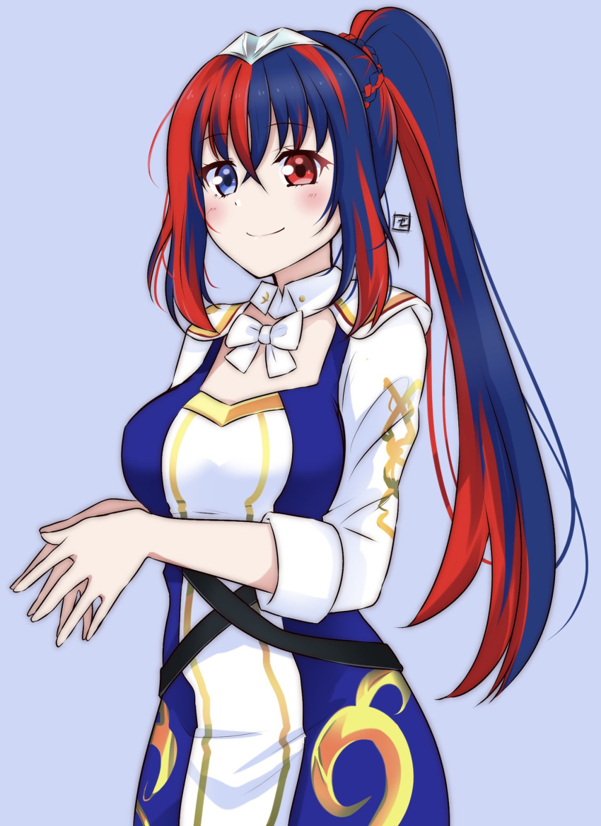 alear_(female)_(divine_attire)_(fire_emblem) alear_(female)_(fire_emblem) alear_(fire_emblem) blue_eyes blue_hair closed_mouth dress fire_emblem fire_emblem_engage heterochromia highres long_hair multicolored_hair official_alternate_costume official_alternate_hairstyle ponytail red_eyes red_hair ribbon simple_background smile split-color_hair tiara two-tone_hair white_ribbon zero-theme