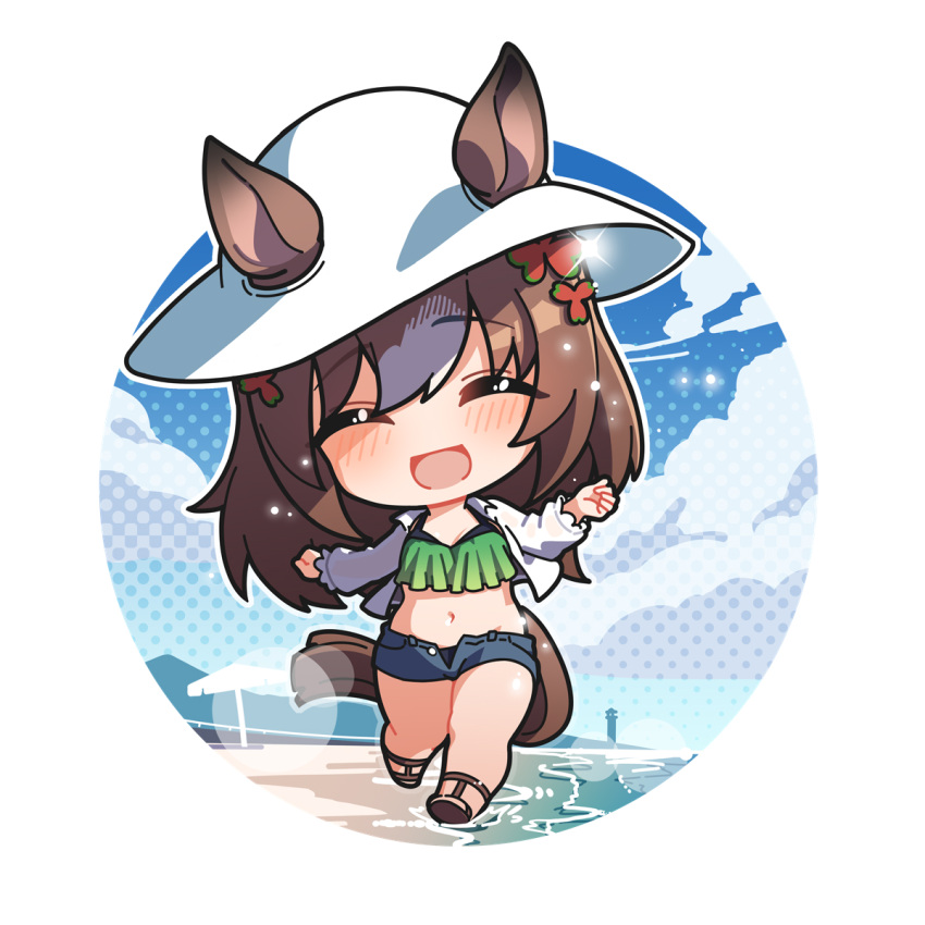 1girl animal_ears beach bikini blue_shorts blush brown_hair closed_eyes denim denim_shorts ears_through_headwear facing_viewer fine_motion_(umamusume) frilled_bikini frills full_body green_bikini hat highres horse_ears horse_girl horse_tail jacket long_hair ocean open_clothes open_fly open_jacket open_mouth sandals shorts smile solo swimsuit tail umamusume warashi white_hair white_headwear white_jacket