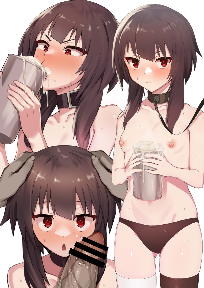 1boy 1girl absurdres ass_visible_through_thighs asymmetrical_legwear bandaged_leg bandages bar_censor blush breasts brown_hair brown_panties brown_thighhighs censored closed_mouth collar collarbone cum cum_in_container cum_in_cup cup drinking embarrassed frown gokkun hands_on_another's_head hetero highres holding holding_cup holding_leash kono_subarashii_sekai_ni_shukufuku_wo! leash megumin miga_(migao) mismatched_legwear multiple_views navel nipples panties penis penis_on_face pov red_eyes short_hair_with_long_locks sidelocks single_thighhigh small_breasts standing sweat thighhighs topless underwear viewer_holding_leash wavy_mouth white_background