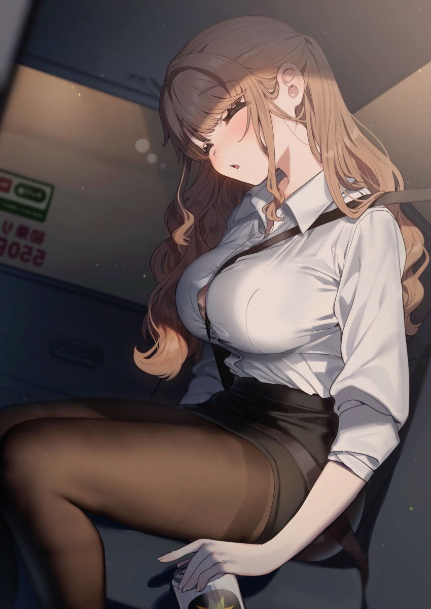 1girl absurdres black_skirt bra bra_peek breasts brown_hair brown_pantyhose button_gap can closed_eyes collared_shirt dress_shirt feet_out_of_frame highres holding holding_can kodama's_elder_sister_(sakura_yuki) large_breasts long_hair long_sleeves miniskirt office_lady open_mouth original pantyhose pencil_skirt sakura_yuki_(clochette) seatbelt shirt shirt_tucked_in sitting skirt sleeping solo thighband_pantyhose thighs underwear wavy_hair white_shirt