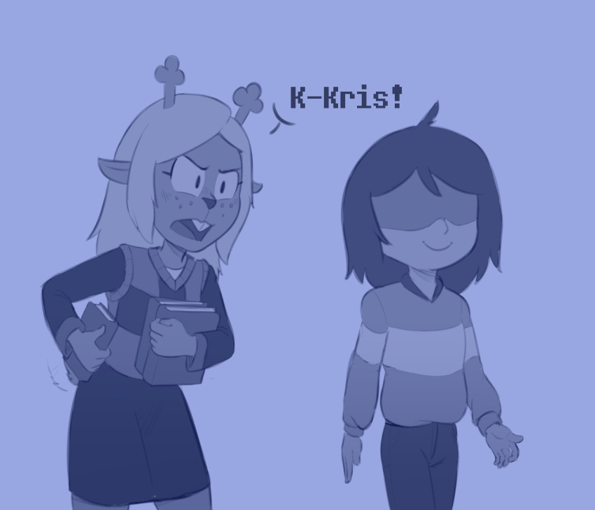 anthro book bottomwear buckteeth checkered_clothing clothing deer deltarune dialogue duo female hidden_eyes hitsuji holding_object human kris_(deltarune) male mammal monochrome noelle_holiday pattern_clothing skirt smile striped_clothing stripes sweater tail tail_motion tailwag teeth text topwear undertale_(series)
