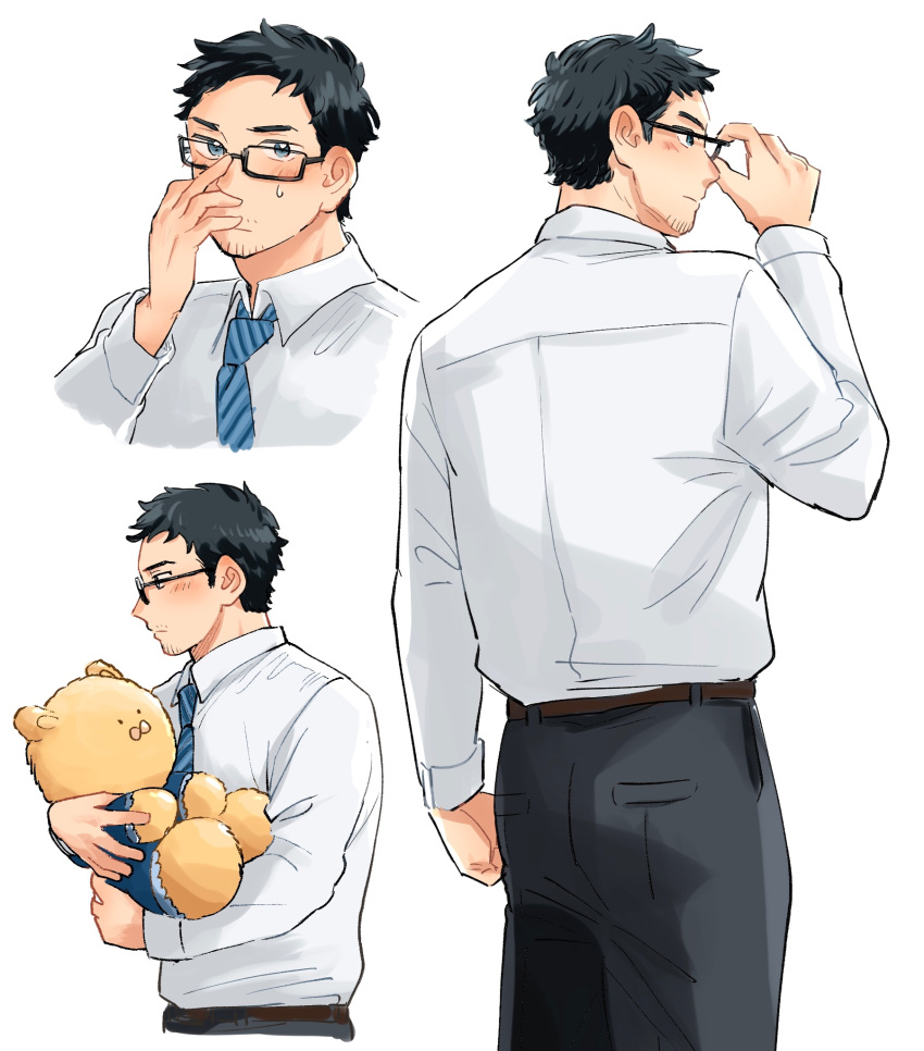 1boy adjusting_eyewear bara blush collared_shirt cropped_torso facial_hair glasses goatee_stubble hatomugishota highres hugging_doll hugging_object male_focus mature_male multiple_views original profile salaryman shirt short_hair sideburns stubble stuffed_animal stuffed_toy teddy_bear thick_eyebrows