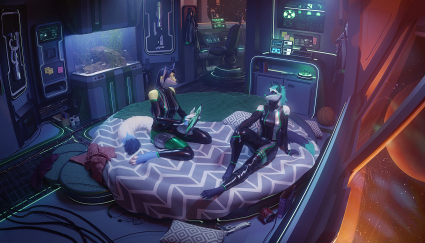 3d_(artwork) absurd_res anthro bed canid canine canis clothing digital_media_(artwork) duo female female/female fox furniture futuristic futuristic_gun hi_res huge_filesize kirena-kaya mammal nurah rubber rubber_clothing rubber_suit space spacecraft spacesuit stripe_rose vehicle wolf