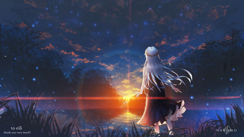 1girl absurdres blue_dress cloud commentary_request dress english_commentary fireflies floating_hair from_behind grass highres kenzo_093 lens_flare long_hair nature original outdoors reflection scenery sky solo standing star_(sky) starry_sky sunset wading water white_hair