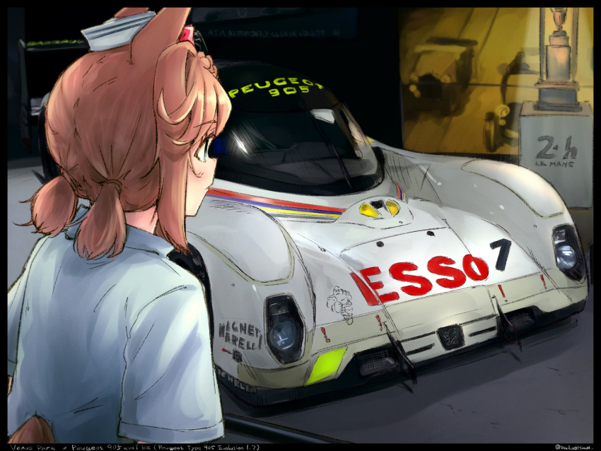 1girl animal_ears balladeluce black_border blue_eyes blush border brown_hair car character_name circuit_de_la_sarthe hat highres horse_ears horse_girl horse_tail le_mans_prototype looking_ahead low_twintails michelin michelin_man motor_vehicle parted_lips peugeot peugeot_905 race_vehicle racecar sailor_hat short_hair short_twintails spoiler_(automobile) tail trophy twintails umamusume vehicle_focus vehicle_name venus_park_(umamusume) white_headwear world_sportscar_championship