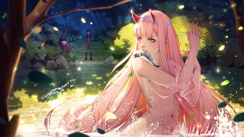 1boy 1girl absurdres alternate_breast_size baschyf blurry breasts clothed_male_nude_female clothes_removed completely_nude darling_in_the_franxx depth_of_field fish fish_in_mouth forest green_eyes hairband hands_up highres hiro_(darling_in_the_franxx) horns large_breasts long_hair nature navel nipples nude outdoors partially_submerged pink_hair pond red_eyeliner red_horns revision tree very_long_hair water wet white_hairband zero_two_(darling_in_the_franxx)