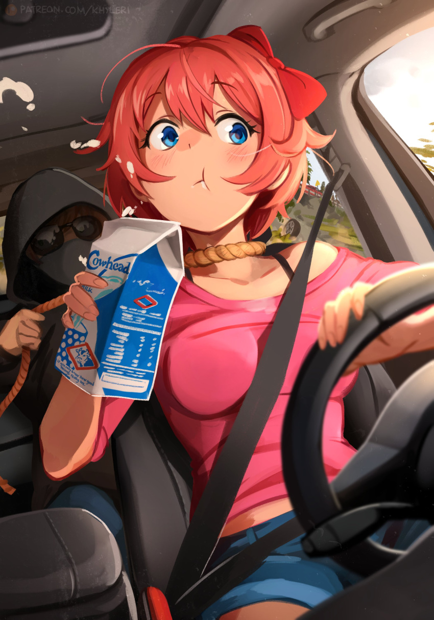 1girl 1other :t absurdres blue_eyes blue_shorts blush bow breasts car_interior closed_mouth doki_doki_literature_club driving english_commentary highres holding hood hood_up khyle. mask milk mouth_mask pink_hair pink_shirt red_bow rope sayori_(doki_doki_literature_club) seatbelt shirt short_hair shorts steering_wheel sunglasses