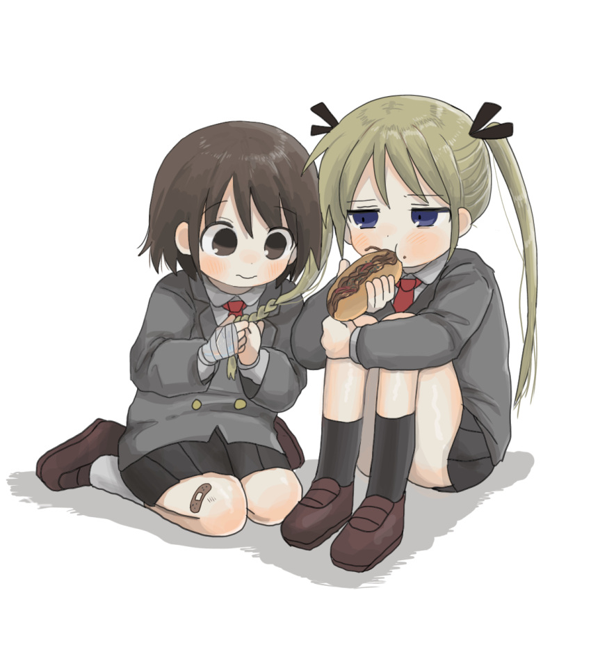 2girls adjusting_another's_hair bandaged_hand bandages bandaid bandaid_on_leg black_ribbon black_socks blazer blue_eyes blush braiding_hair brown_footwear buttons commentary_request concentrating double-breasted eating food full_body furrowed_brow grey_jacket hair_ribbon hairdressing half-closed_eyes highres holding holding_food hugging_own_legs jacket jitome kill_me_baby kneehighs loafers long_sleeves looking_at_another multiple_girls necktie oribe_yasuna pleated_skirt raised_eyebrows red_necktie ribbon shoes simple_background sitting skirt socks sonya_(kill_me_baby) twintails wariza white_background yakisobapan yasashii_naizou