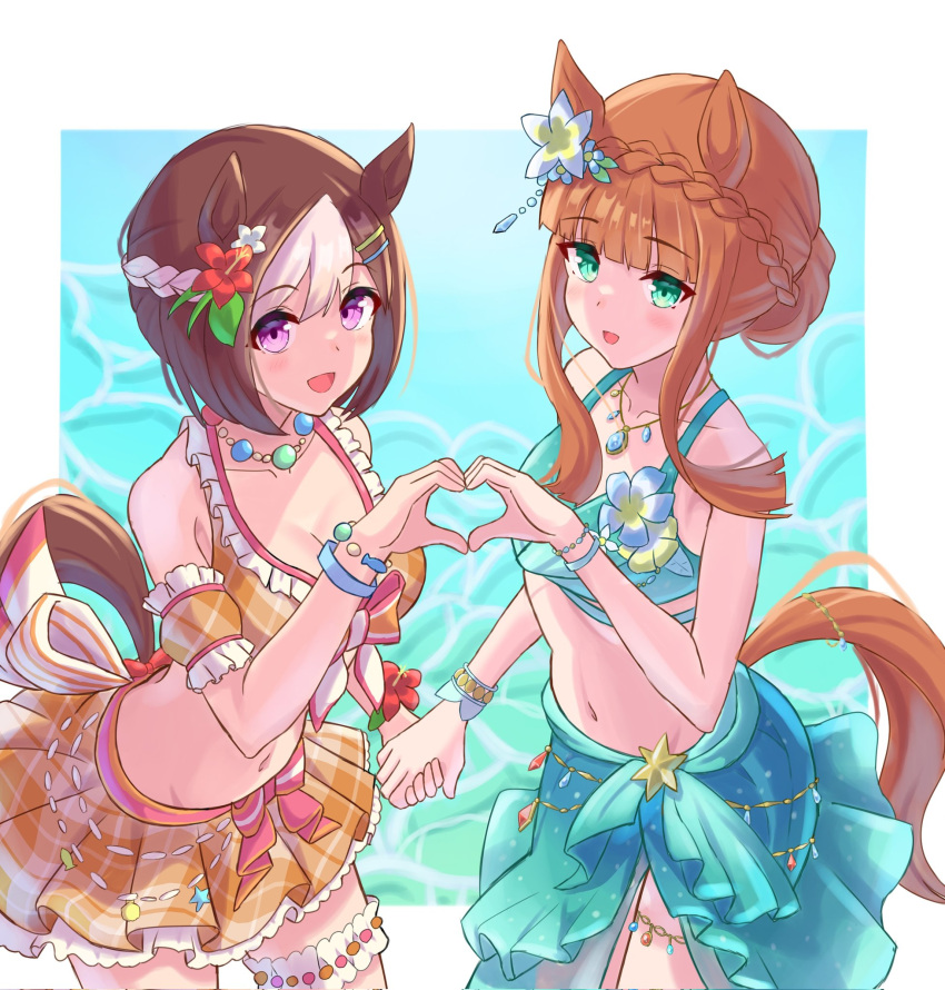 2girls animal_ears arm_garter bare_shoulders bikini bikini_skirt blush bracelet braid breasts brown_hair caustics cleavage crown_braid ear_flower flower flower_on_chest green_bikini green_eyes groin hair_bun hair_flower hair_ornament heart heart_hands heart_hands_duo hibiscus highres holding_hands horse_ears horse_girl horse_tail jewelry long_hair medium_breasts multiple_girls navel necklace open_mouth orange_bikini orange_hair purple_eyes sarong short_hair silence_suzuka_(emerald_on_the_waves)_(umamusume) silence_suzuka_(umamusume) small_breasts smile special_week_(hopping_vitamin_heart)_(umamusume) special_week_(umamusume) standing summer's_sunlight_fades_to_blue_(umamusume) swimsuit tail taro_yokayoka thigh_strap umamusume umamusume_summer_story_(umamusume) water yuri