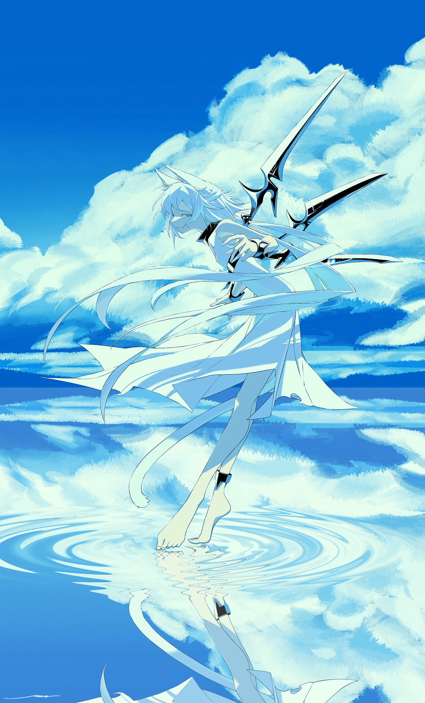 1girl absurdres aliasing animal_ears anklet arknights barefoot blue_eyes blue_sky cat_ears cat_girl cat_tail cloud cloudy_sky commentary_request cuffs dancing day dress floating_hair from_side full_body highres jewelry long_hair looking_at_viewer looking_to_the_side mechanical_wings narrowed_eyes outdoors profile reflection reflective_water ripples rosmontis_(arknights) rosmontis_(become_anew)_(arknights) shackles sideways_mouth signal_1120 sky sleeveless sleeveless_dress solo standing standing_on_liquid tail tiptoes very_long_hair water white_dress wings
