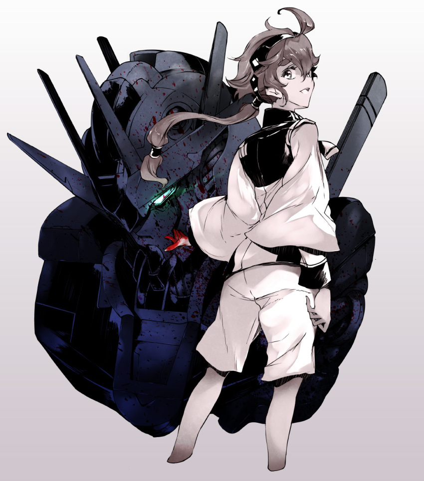 1girl ahoge asticassia_school_uniform black_hairband blood blood_on_hands blood_stain commentary_request glowing glowing_eyes green_eyes grey_background greyscale gundam gundam_aerial_rebuild gundam_suisei_no_majo hairband highres long_hair low-tied_long_hair low_ponytail mobile_suit monochrome partially_colored school_uniform smile suletta_mercury upper_body v-fin yumemitsuki_(hagakure)
