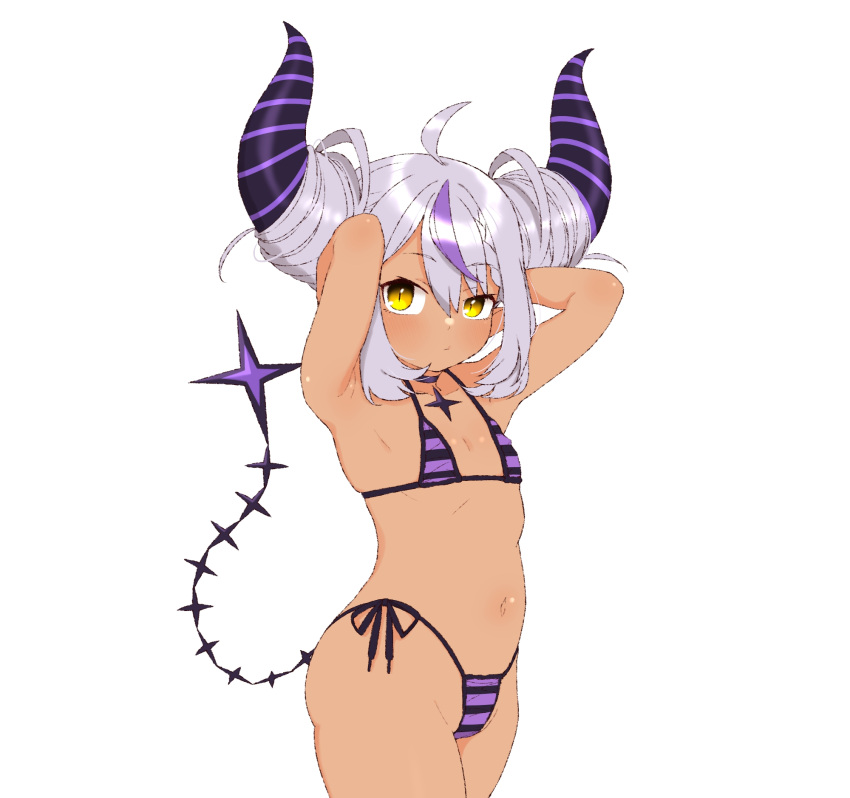 1girl ahoge armpits arms_behind_head bikini black_bikini blush braid braided_bangs choker demon_horns double_bun flat_chest grey_hair hair_between_eyes hair_bun highleg highleg_bikini highres hololive horns jacket la+_darknesss long_hair looking_at_viewer multicolored_hair navel okunin pointy_ears purple_bikini purple_hair side-tie_bikini_bottom simple_background slit_pupils solo star_(symbol) star_choker stomach streaked_hair striped striped_bikini striped_horns swimsuit tail tan virtual_youtuber white_background yellow_eyes