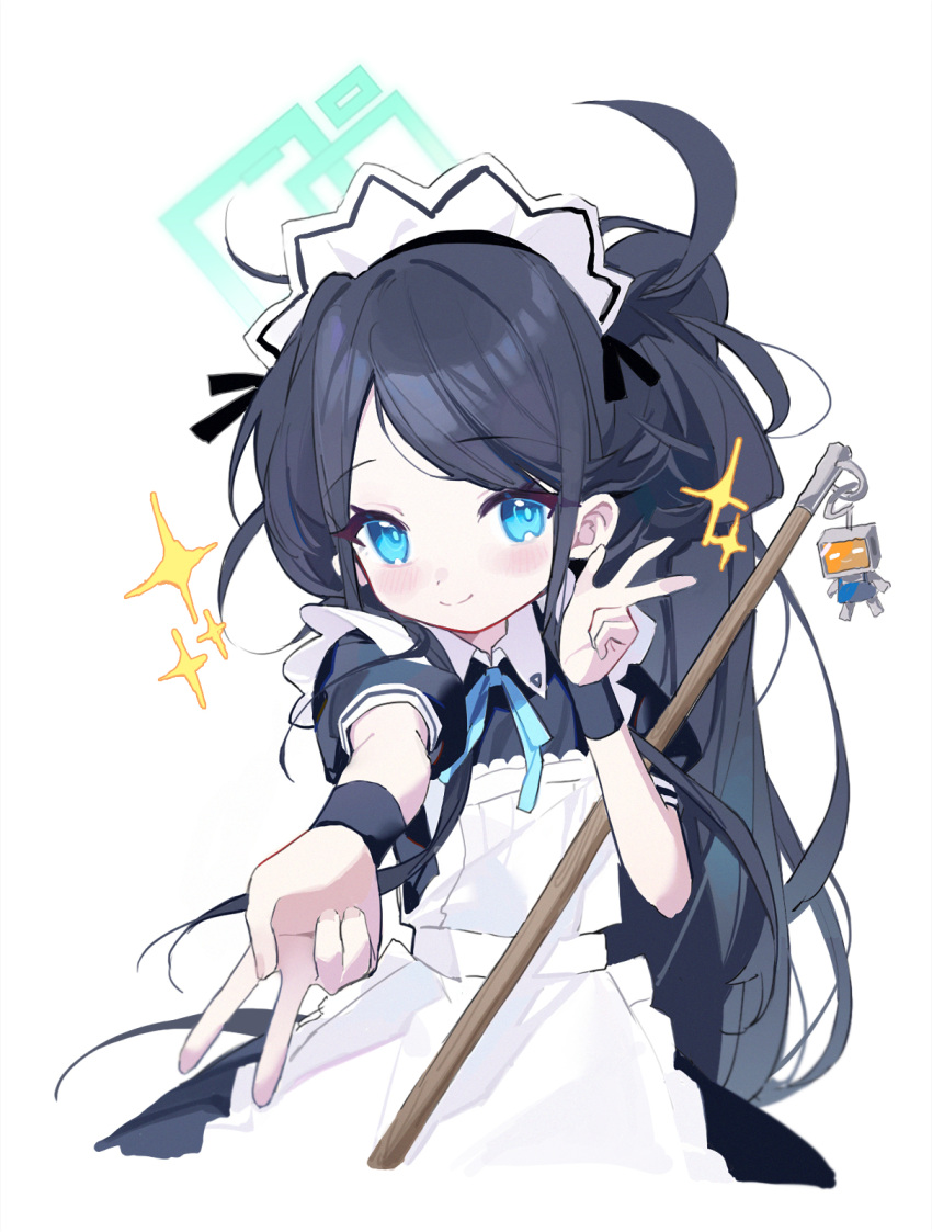 1girl apron aris_(blue_archive) aris_(maid)_(blue_archive) black_dress black_hair blue_archive blue_eyes blue_ribbon blush closed_mouth commentary_request cropped_legs double_v dress frilled_apron frills green_halo halo highres long_hair looking_at_viewer maid maid_apron maid_headdress measho mop neck_ribbon official_alternate_costume ponytail reaching_towards_viewer ribbon short_sleeves simple_background smile solo sparkle swept_bangs v very_long_hair white_apron white_background wrist_cuffs