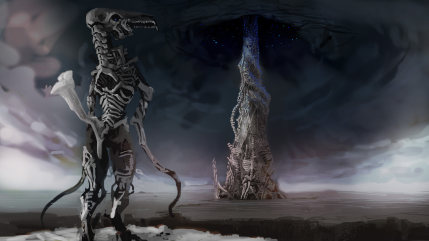 16:9 alien ambiguous_gender anthro blue_eyes cloudy hi_res looking_at_viewer looking_back looking_back_at_viewer meandraco monster solo storm tower unusual_anatomy widescreen