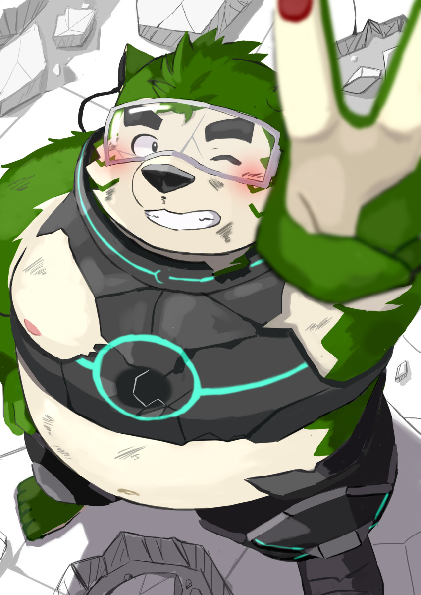 2023 9dtq0 absurd_res anthro belly big_belly black_nose blush canid canine canis domestic_dog green_body hi_res humanoid_hands kemono lifewonders live_a_hero male mammal mokdai moobs nipples one_eye_closed overweight overweight_male solo visor wink