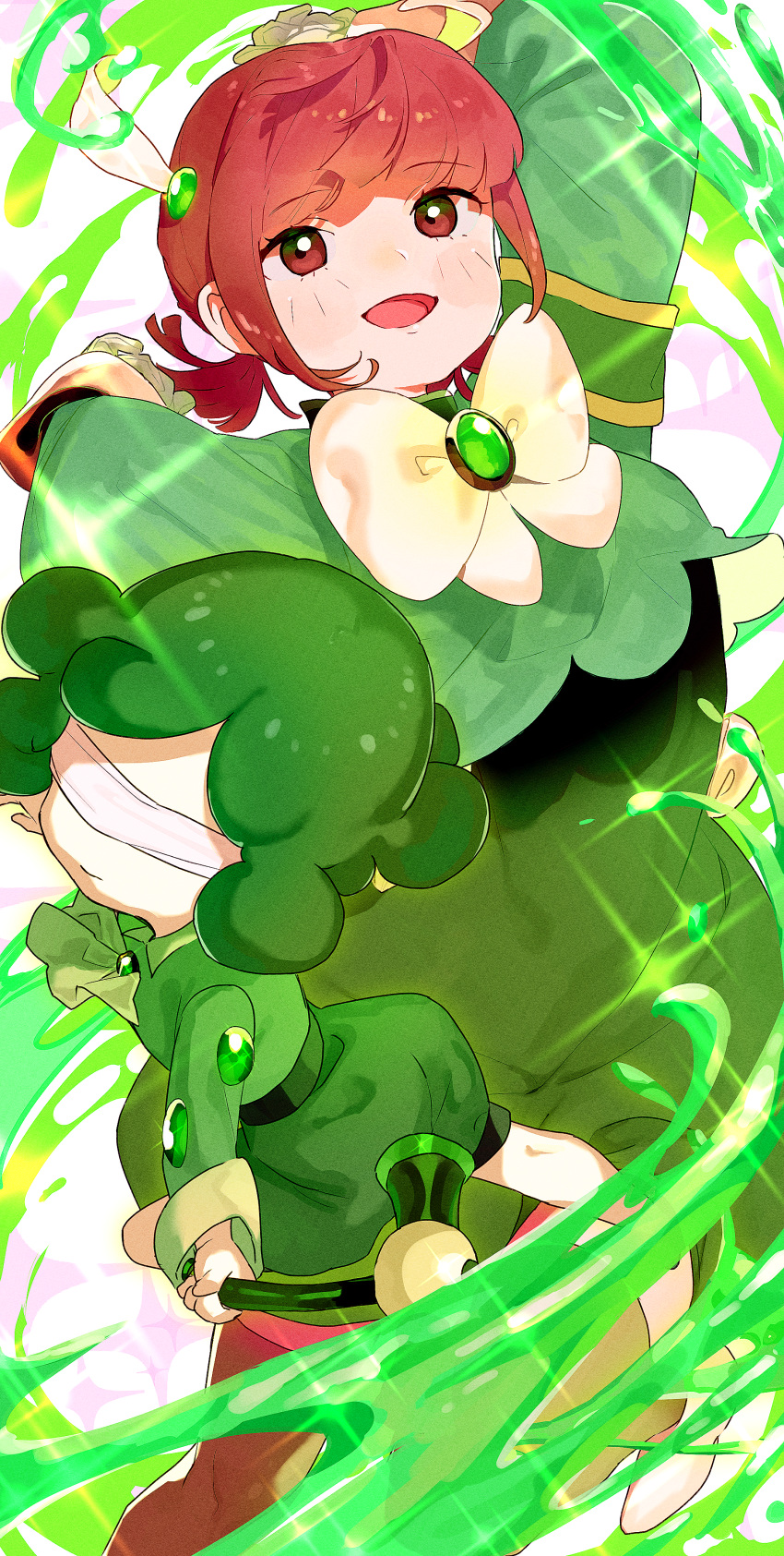 1girl 1other absurdres beozzi_(wonder_lab) blush bow bowtie brown_eyes brown_hair gem green_gemstone green_hair green_shirt green_shorts green_theme hamelon310 hammer highres holding holding_hammer open_mouth project_moon servant_of_wrath shirt short_twintails shorts sidelocks smile sparkle twintails white_bow white_bowtie wonderlab
