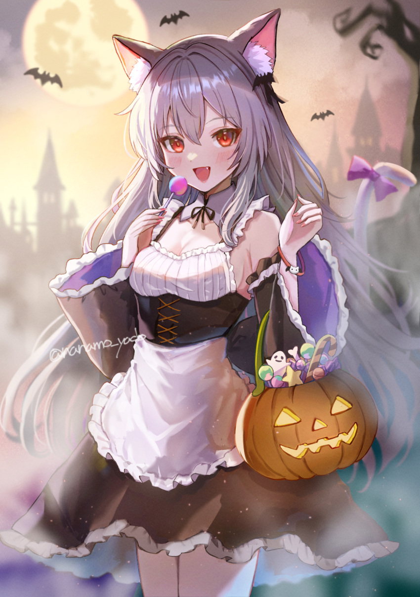 1girl :d animal_ear_fluff animal_ears apron bat_(animal) black_skirt breasts candy cat_ears cat_girl cat_tail cleavage corset detached_sleeves doyamona fang food frilled_skirt frills full_moon grey_hair halloween halloween_bucket highres holding holding_candy holding_food holding_lollipop jack-o'-lantern lollipop long_hair long_sleeves looking_at_viewer medium_breasts moon night open_mouth original red_eyes skirt smile tail very_long_hair white_apron