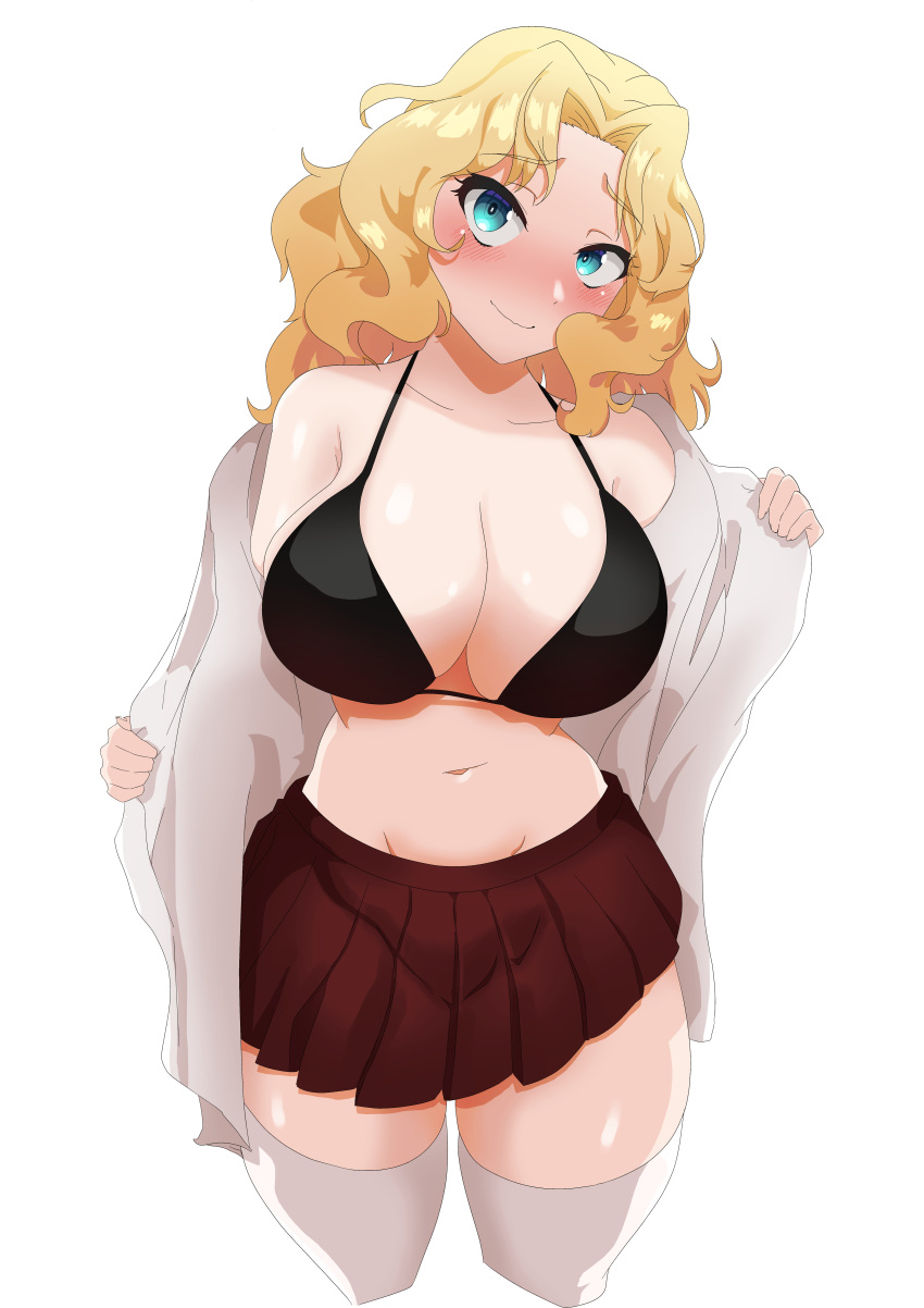 1girl absurdres black_bra blonde_hair blue_eyes blush bra breasts cleavage commentary cropped_legs dress_shirt girls_und_panzer groin hair_intakes halterneck head_tilt highres kay_(girls_und_panzer) large_breasts long_sleeves looking_at_viewer medium_hair miniskirt navel open_clothes open_shirt opened_by_self pleated_skirt red_skirt saunders_school_uniform school_uniform shirt skirt solo tenpura32200 thighhighs underwear undressing white_shirt white_thighhighs
